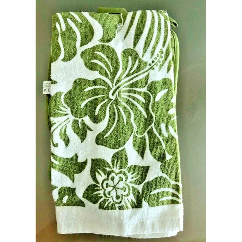 Green Hibiscus Floral Kitchen Dish Towel Oven Mitt Potholder Set of 3 Tropical